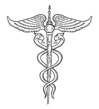 Caduceus sembolü. Asa ya da etrafında iki yılan olan asa. Hermes veya Merkür Greko-Mısır mitolojisi. El çizimi çizimi vektör illüstrasyonu.