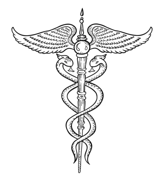 Símbolo de Caduceus. Varinha, ou bastão com duas cobras entrelaçadas em torno dele. Hermes ou Mercúrio Mitologia greco-egípcia. Desenho à mão ilustração vetorial. —  Vetores de Stock