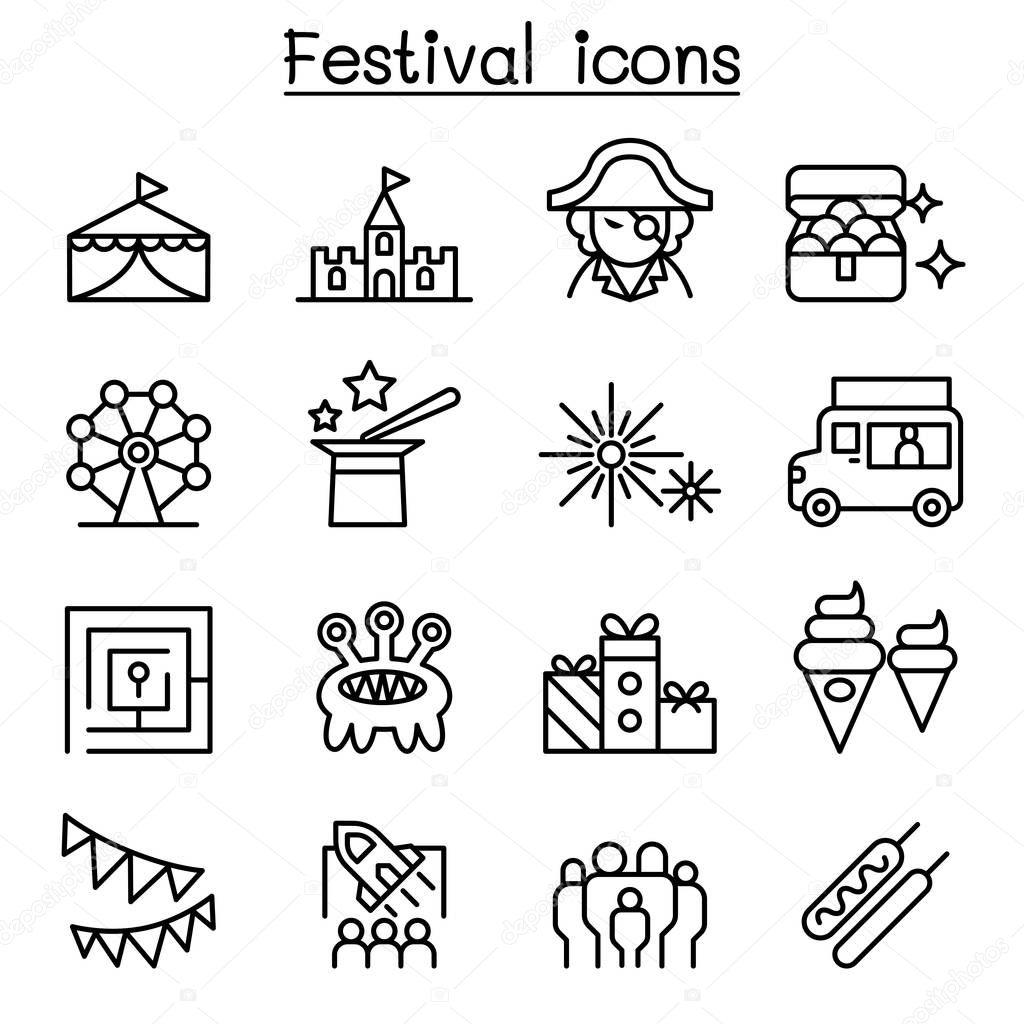Amusement park & Festival icon set in thin line style