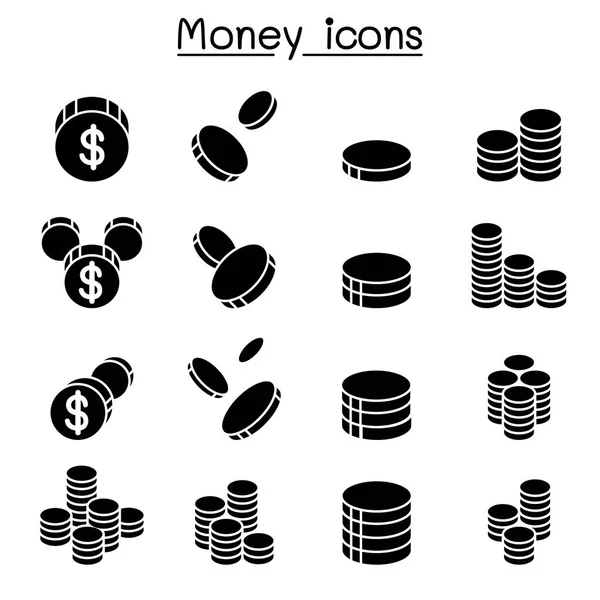 Dinero Monedas Icono Conjunto — Archivo Imágenes Vectoriales