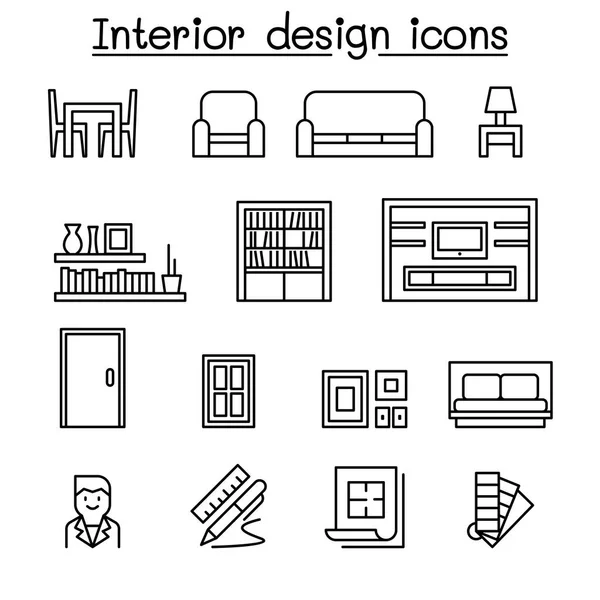 Diseño Interiores Icono Mejora Casa Estilo Línea Delgada — Vector de stock