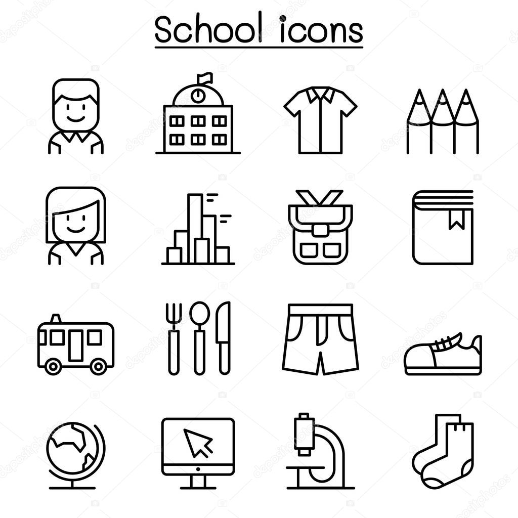 School & Education icon set in thin line style