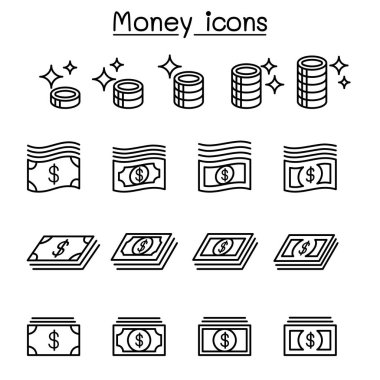 Para, para, para, para, banka Not ince çizgi stili Icon set