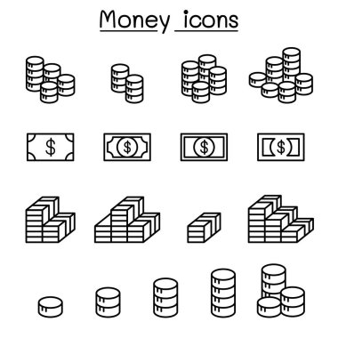 İnce çizgi stili para, kazanç, gelir, parası, kar ve para Icon set
