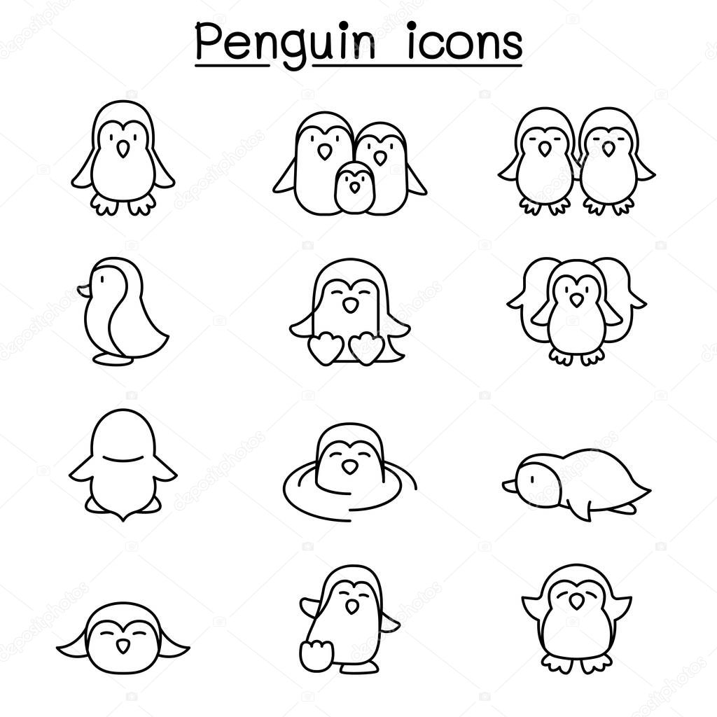 Penguin icon set in thin line style