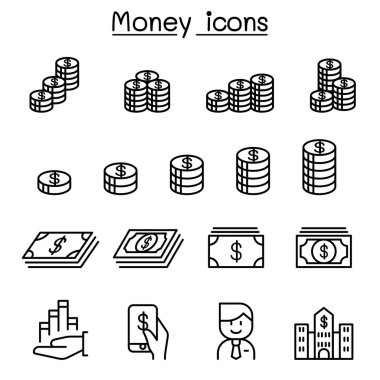 İnce çizgi stilinde para, para, para, sikke ve banknot Icon set