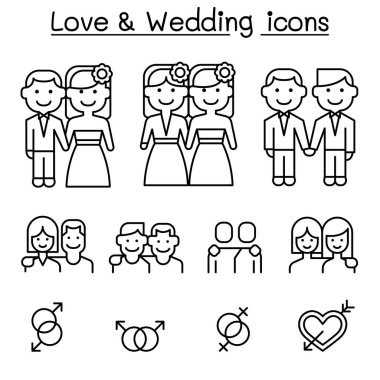 İnce çizgi stlye düğün ve Loving Icon set