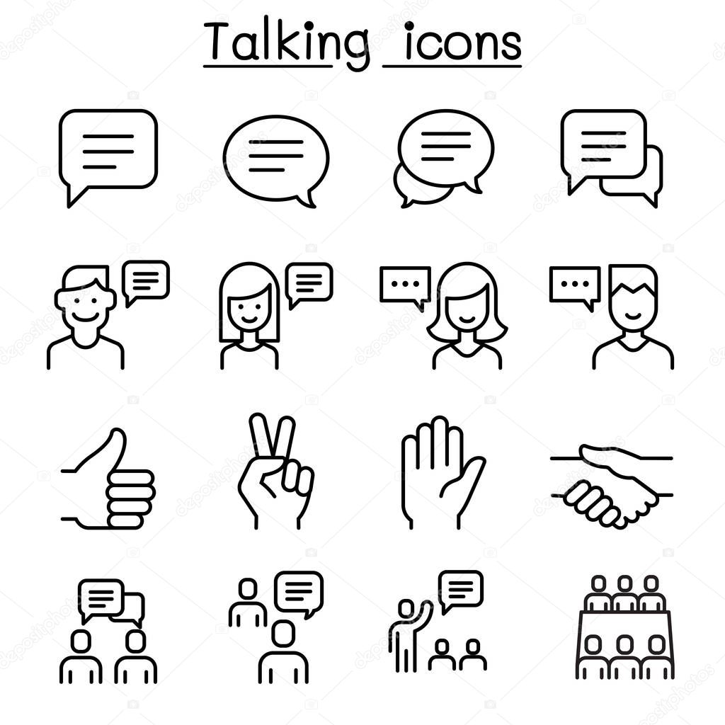 Speech, Discussion, Speaking, meeting & Hand Language icon set in thin line style