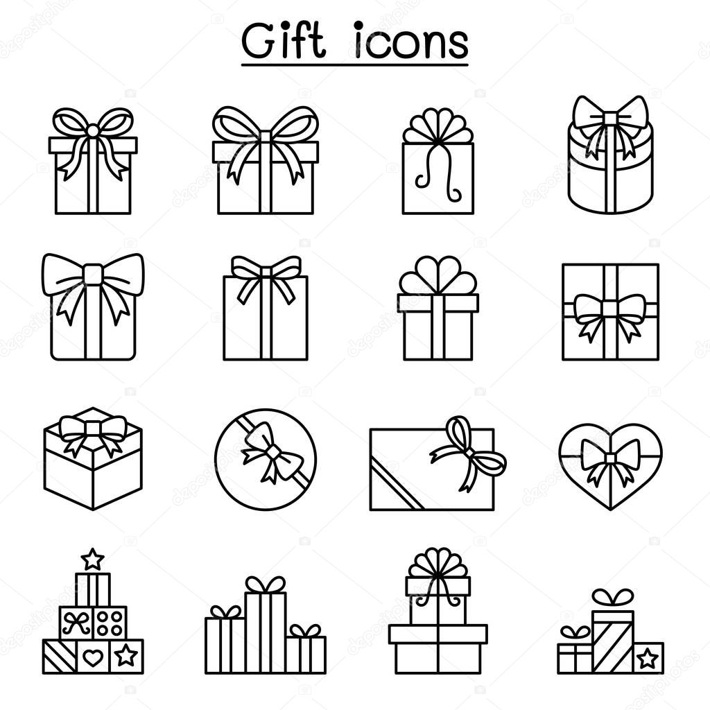 Gift, Giftware, Gift box, Present icon set in thin line style