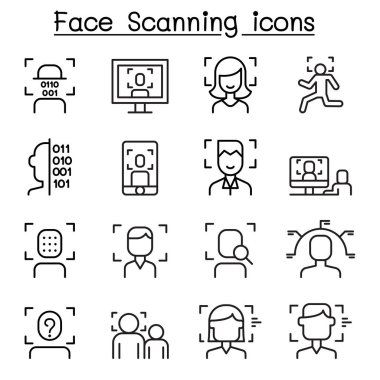 Yüz kimliği, yüz tanıma, yüz tanıma, yüz tarama simgesi ince çizgi stili ayarla