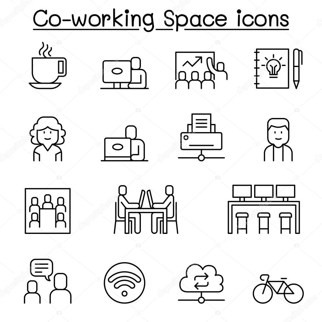 Co working space icon set in thin line style