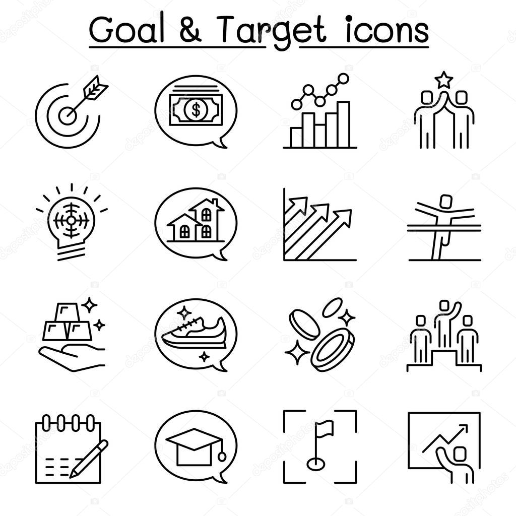 Target, purpose, aim, self improvement, development icon set in thin line style