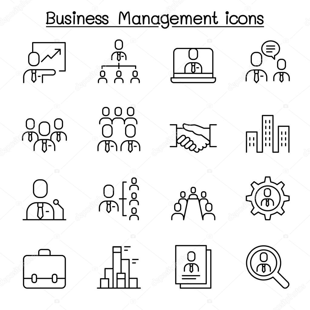 Business management, Business administration icon set in thin line style