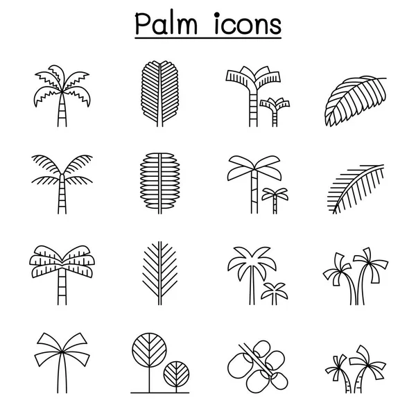 Palmera y cocoteros icono conjunto en estilo de línea delgada — Vector de stock