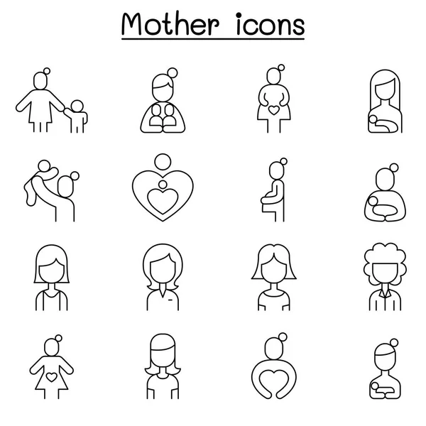 Mãe & Super mãe ícone definido em estilo de linha fina — Vetor de Stock