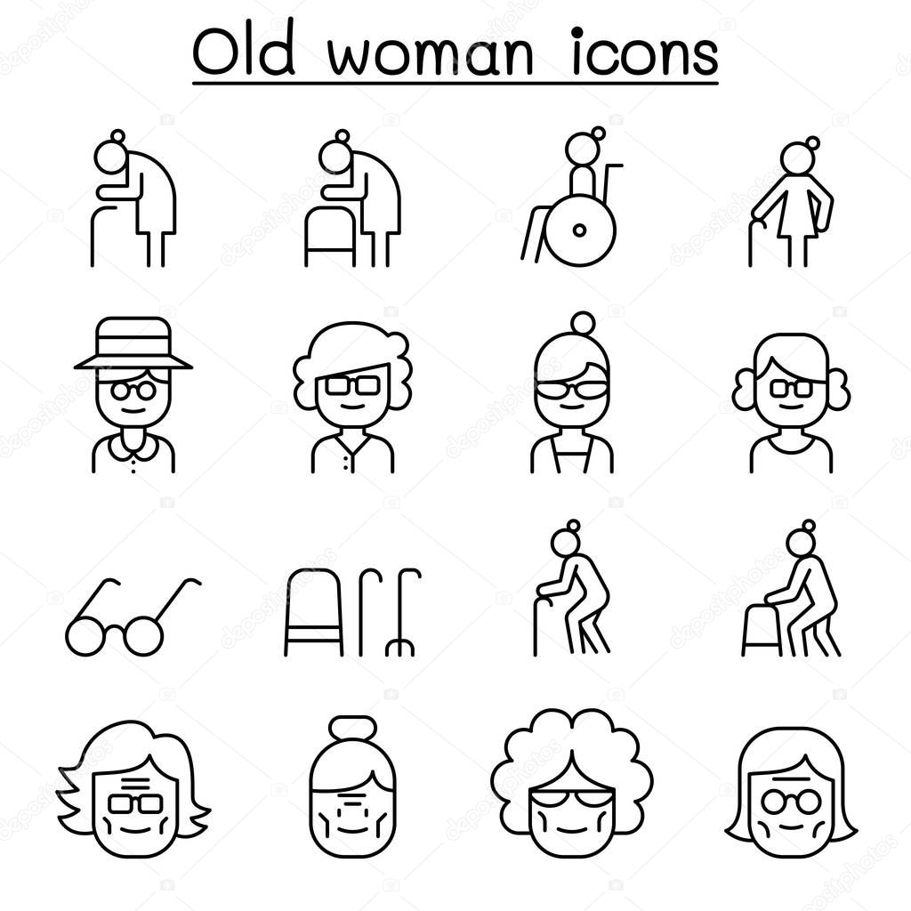 Grandmother, Grandma, old woman icon set in thin line style