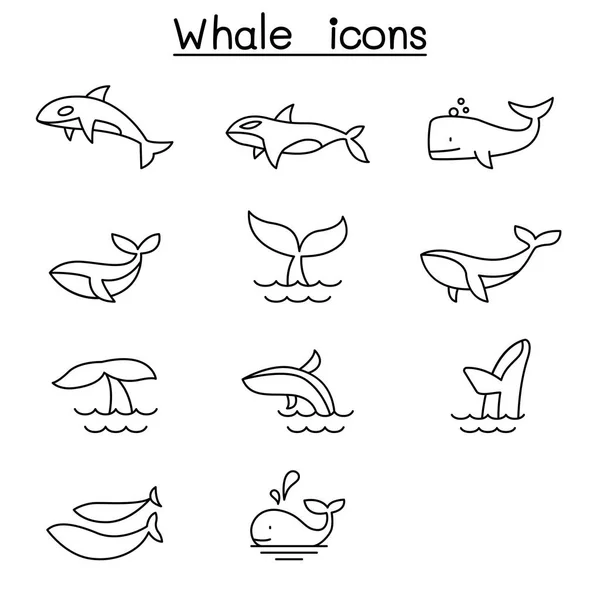 Icona balena impostata in stile linea sottile — Vettoriale Stock