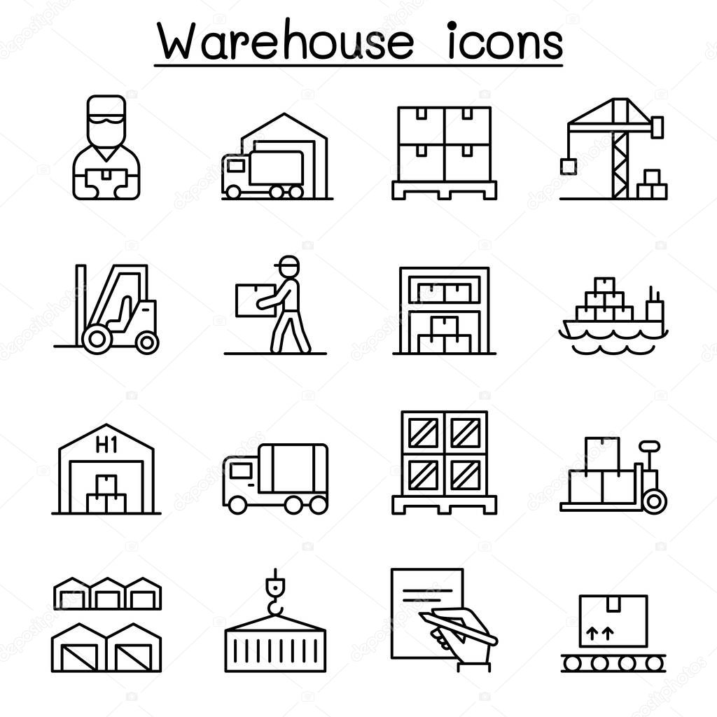 Warehouse, delivery, shipment, logistic icon set in thin line st