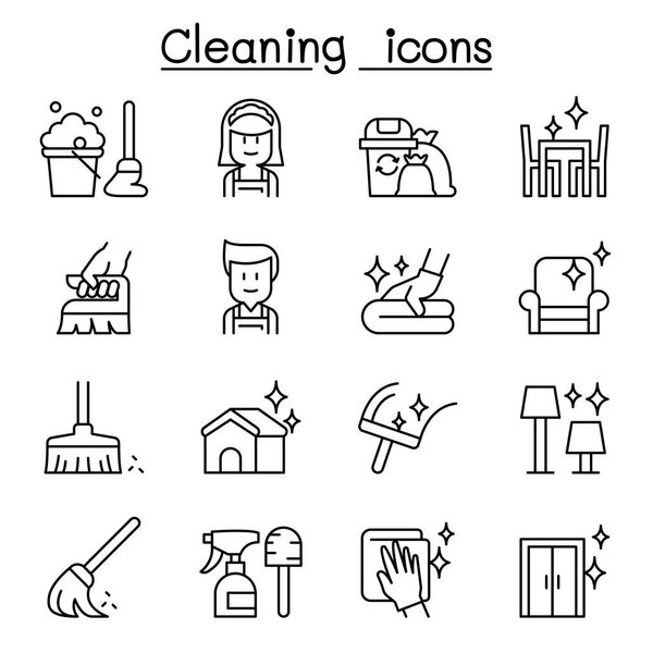 Cleaning & Hygiene icon set in thin line style
