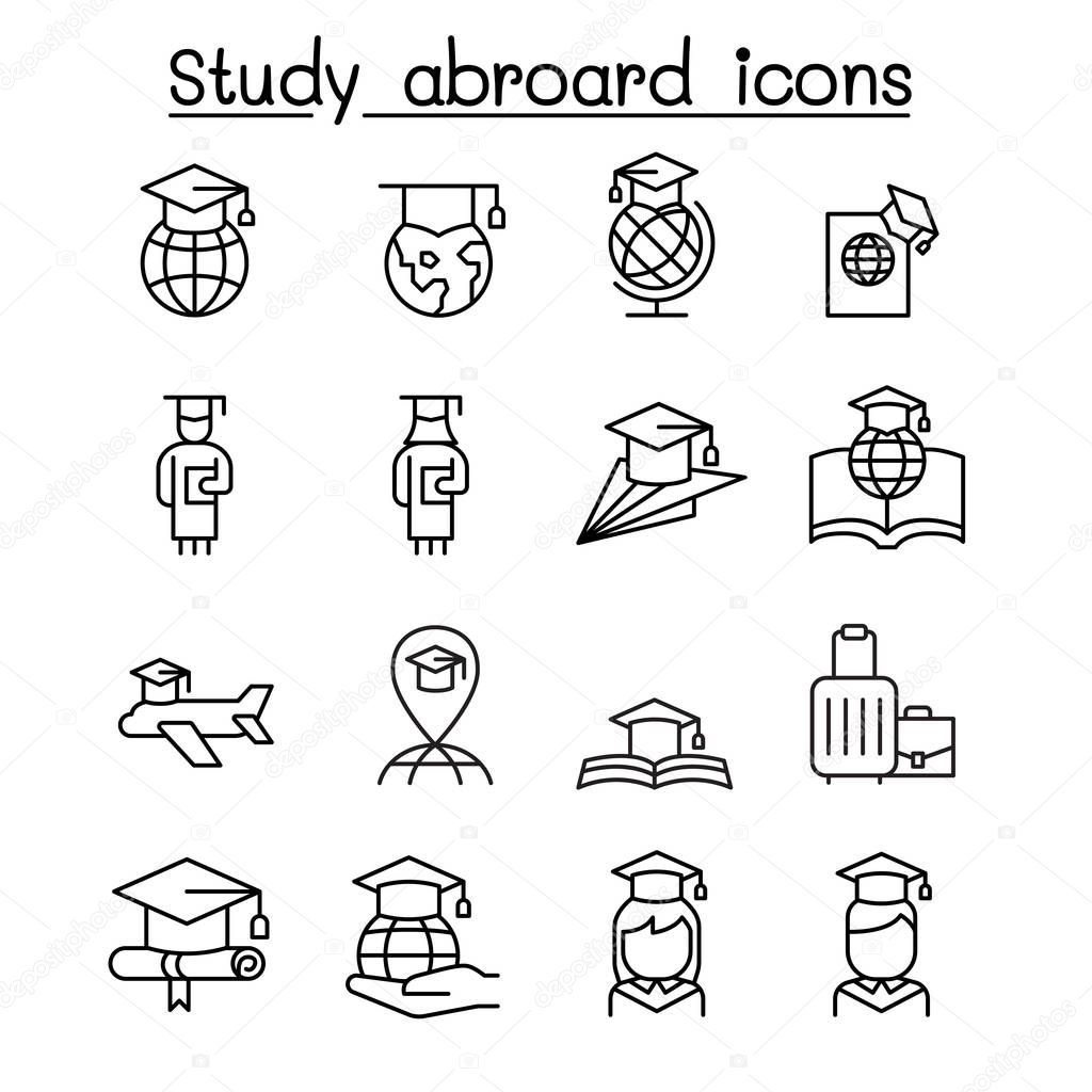 Study abroad & Graduation icon set in thin line style
