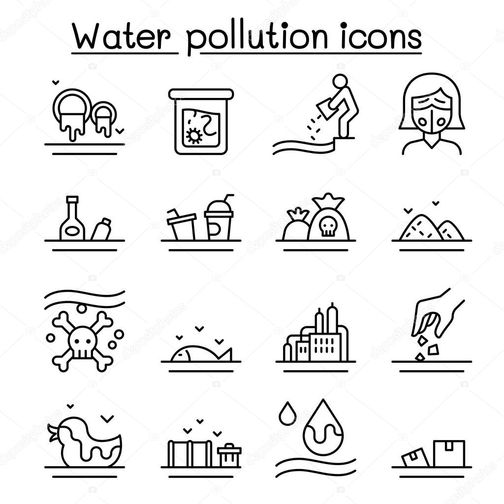 Water pollution icon set in thin line style