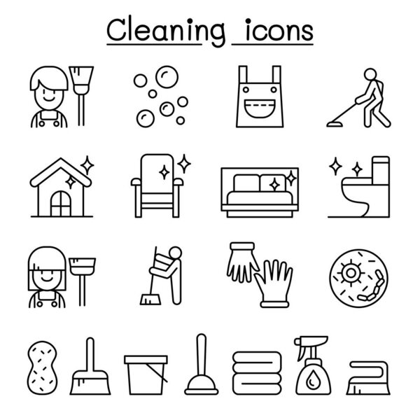 Cleaning house & Hygiene icon set in thin line style