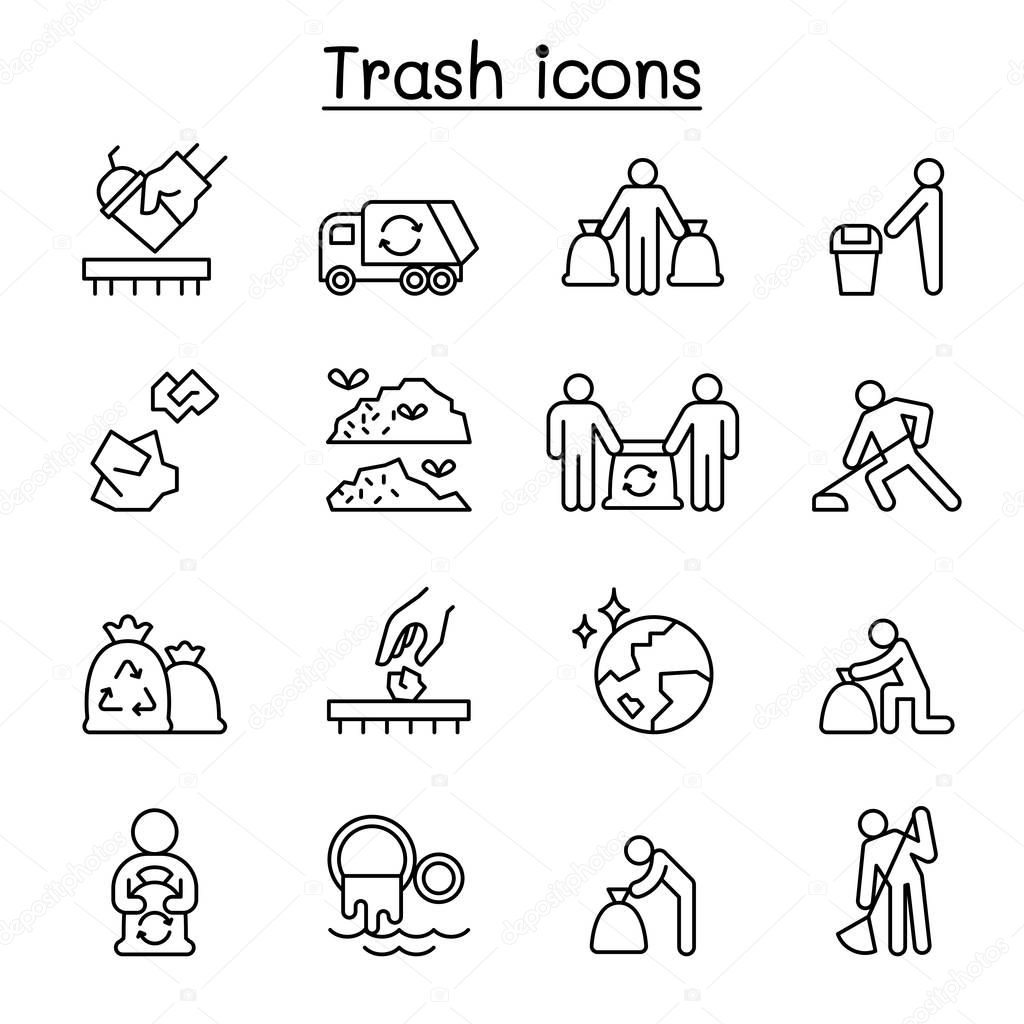 Trash, garbage, rubbish, dump, refuse icon set in thin line style