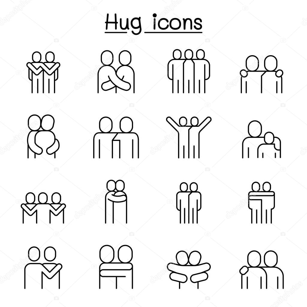 Love, hug, friendship, relationship icon set in thin line style