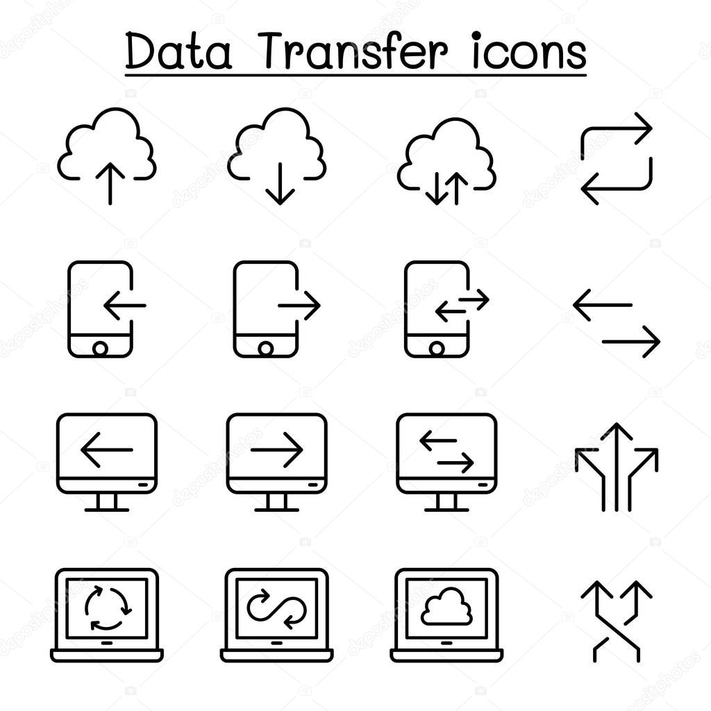 Cloud computier, Data transmission, data mining, data warehouse, download, upload icon set in thin line style
