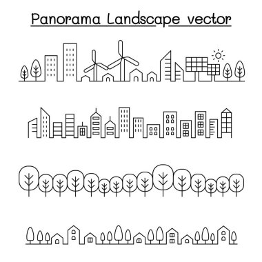 İnce çizgi tarzı şehir panoraması. kentsel peyzaj vektör illustrati
