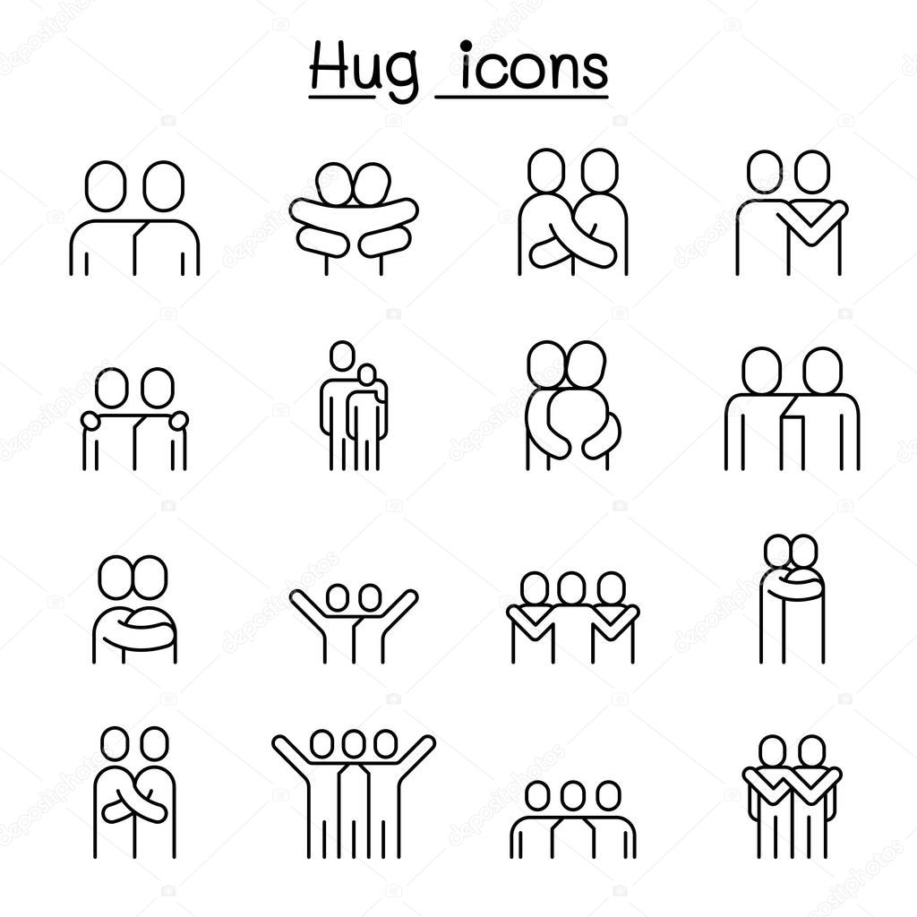 Lover, hug, friendship, relationship icon set in thin line style