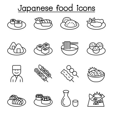 İnce çizgi stilinde Japon yemekleri Icon set