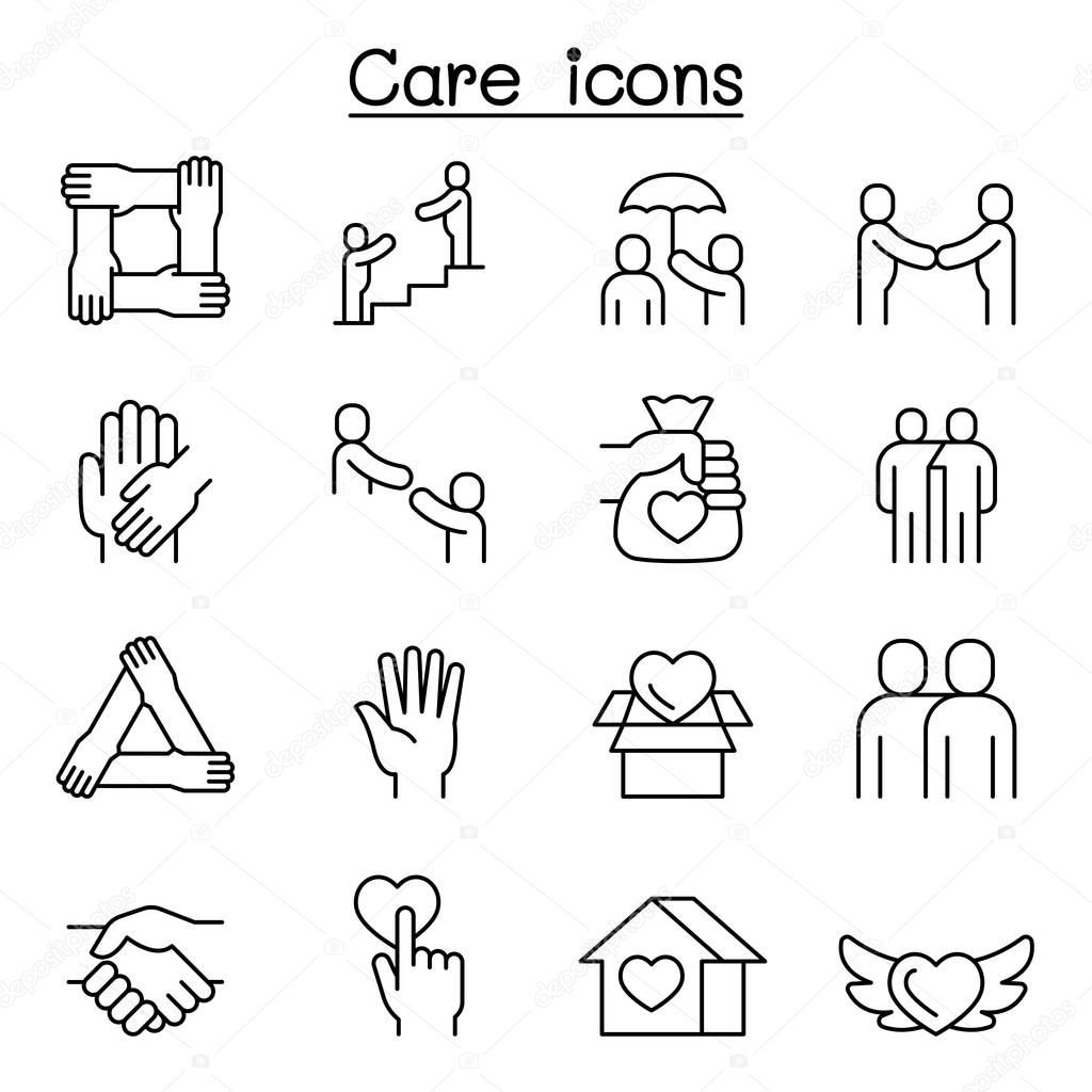 Care, Protect, Charity, Donation icon set in thin line style