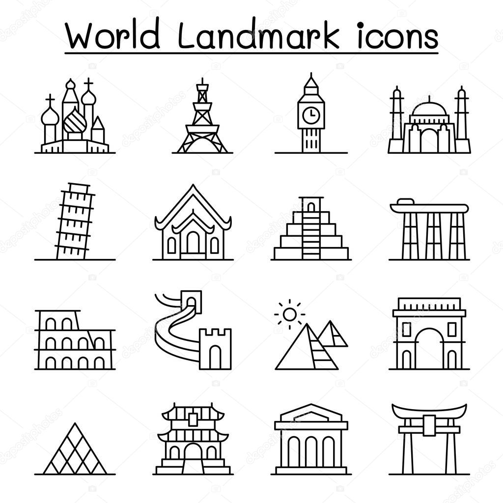 World landmark icon set in thin line style
