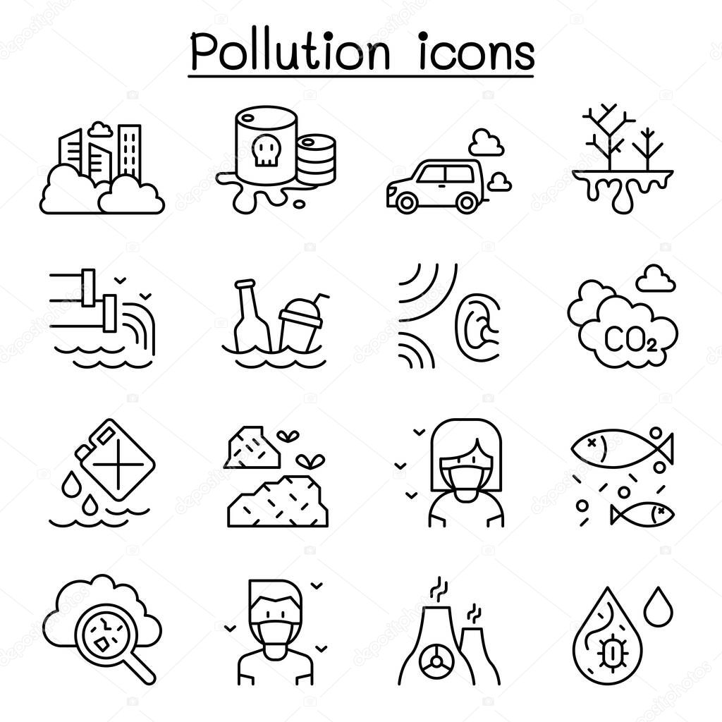 Pollution icon set in thin line style