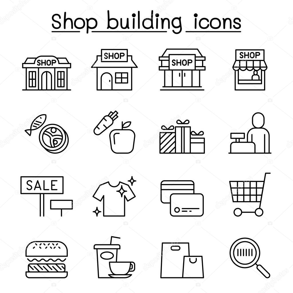 Shop building, Shopping mall, supermarket icon set in thin line style