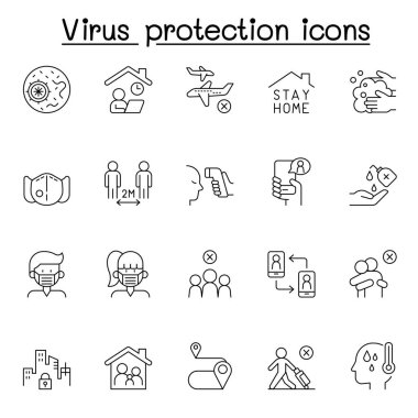 Virüs koruma çizgisi simgeleri. Sosyal uzaklık, maske, el yıkama, evde kalma gibi simgeler içerir..