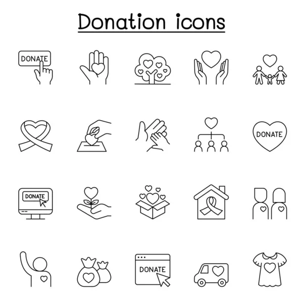 Iconos Caridad Donación Establecidos Estilo Línea Delgada — Vector de stock