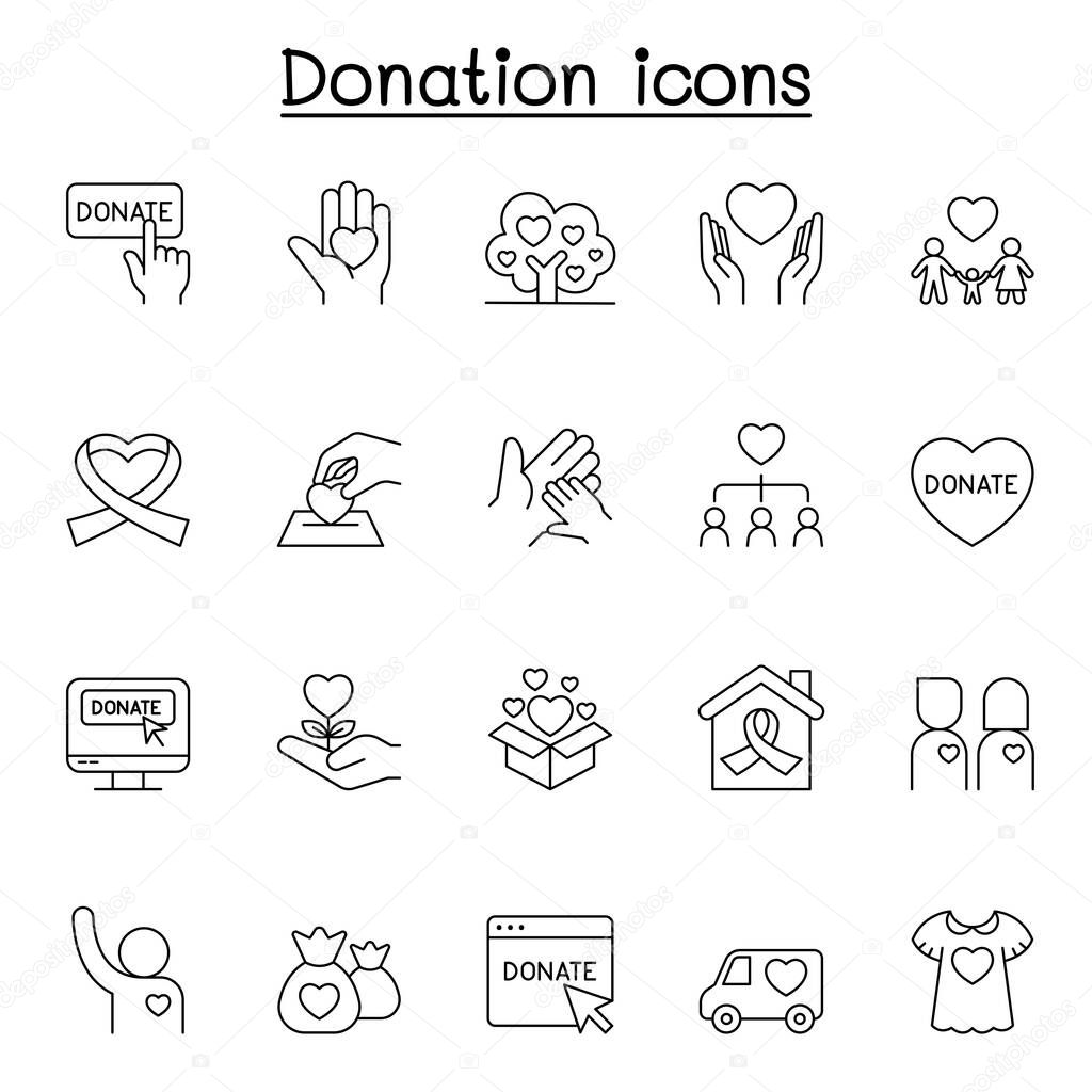 Charity & Donation icons set in thin line style