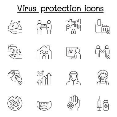 Virüs koruma çizgisi simgeleri. Sosyal uzaklık, maske, el yıkama, evde kalma gibi simgeler içerir..