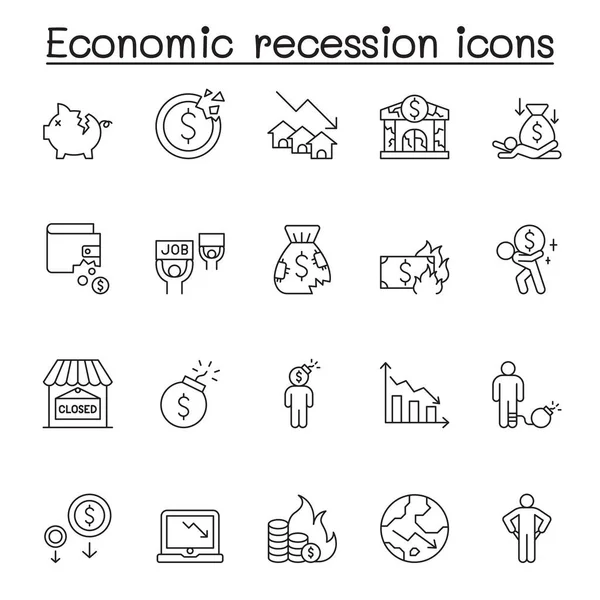 Ícone Recessão Econômica Definido Estilo Linha Fina — Vetor de Stock