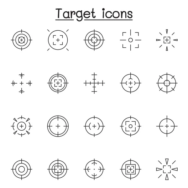 Hedef & İlgili Vektör Satır Simgeleri kümesi. Crosshair, sniper scope, shot game, radar ve mor gibi simgeler içerir
