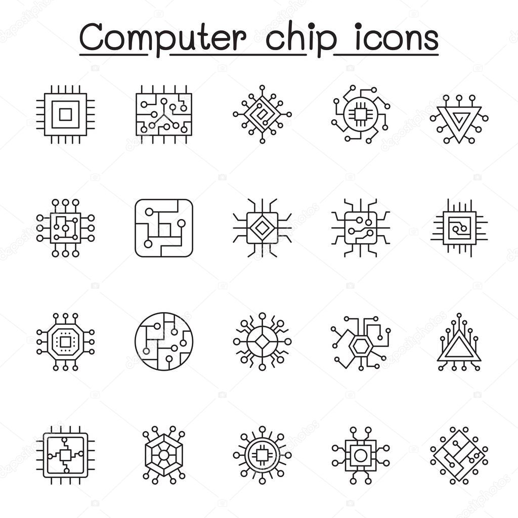 Set of Computer chip Related Vector Line Icons. Contains such Icons as circuit, mother board, electronic panel, cpu, processor and more