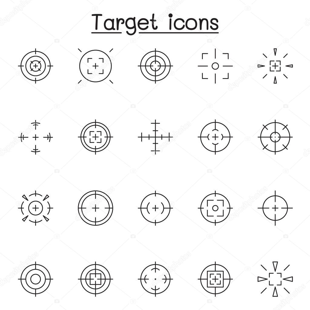 Set of Aim & target Related Vector Line Icons. Contains such Icons as crosshair, sniper scope, shooting game, radar and mor
