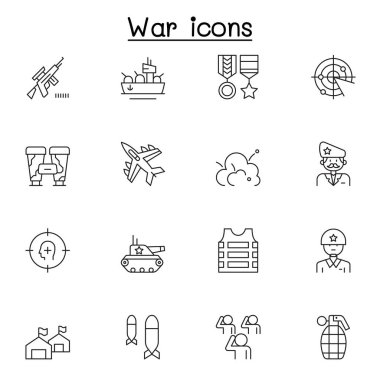 Set of War Related Vector Line Icons. Contains such Icons as soldier, army, military, navy, airforce, bomb, battleship, airplane and mor clipart