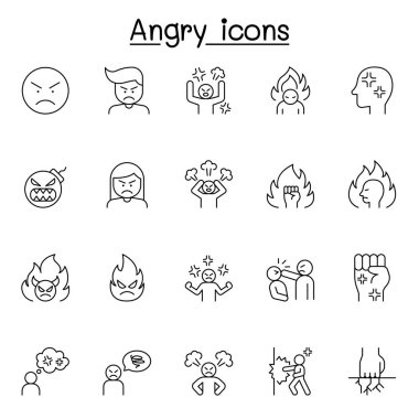 Kızgın Vektör Satırı Simgeleri kümesi. Çılgın, çılgın, şiddet, agresif, boks, yumruk ve sabah gibi ikonlar içerir