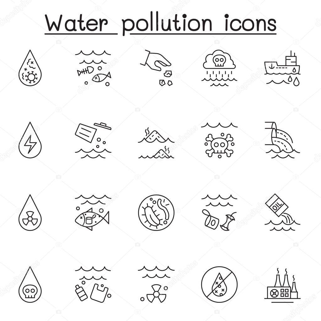 Set of water pollution Related Vector Line Icons. Contains such Icons as dirty water, contaminate, industry waste, plastic bottle, bacteria, garbage and more