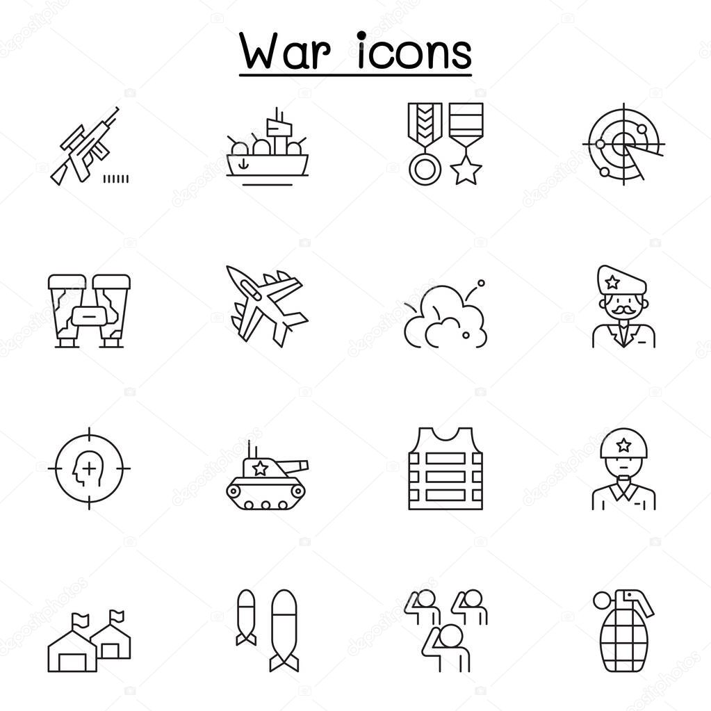 Set of War Related Vector Line Icons. Contains such Icons as soldier, army, military, navy, airforce, bomb, battleship, airplane and mor