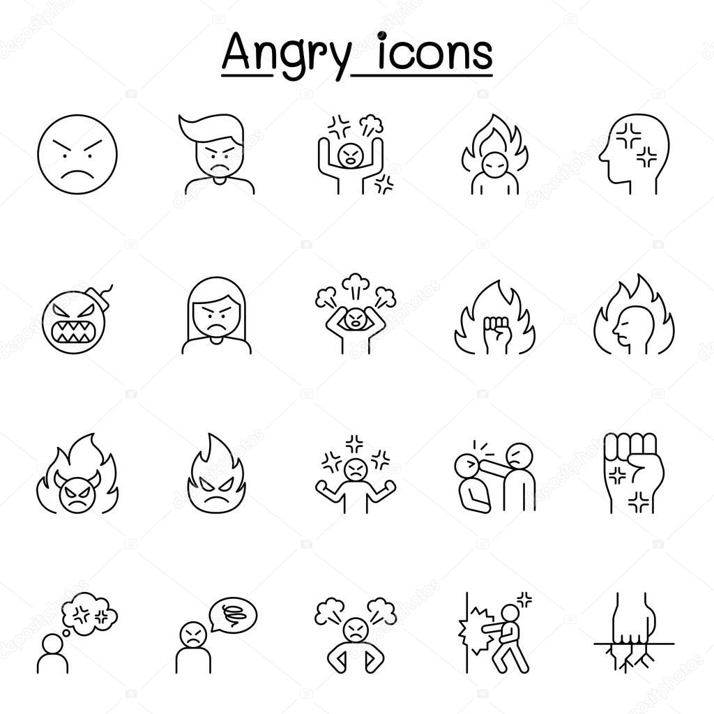 Set of angry Related Vector Line Icons. Contains such Icons as crazy, mad, violence, aggressive, boxing, hit, punch and mor