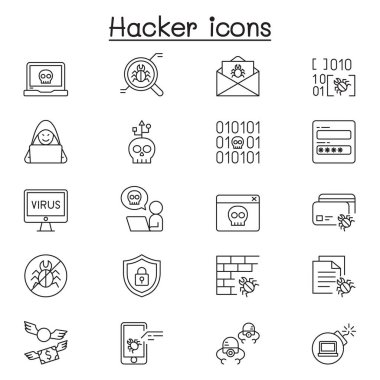 Hacker İlgili Vektör Hattı Simgeleri kümesi. Casus, virüs bilgisayarı, zararlı yazılım, spam, güvenlik duvarı, bilgisayar güvenliği, şifre, uygulama, çalma gibi simgeleri içerir.